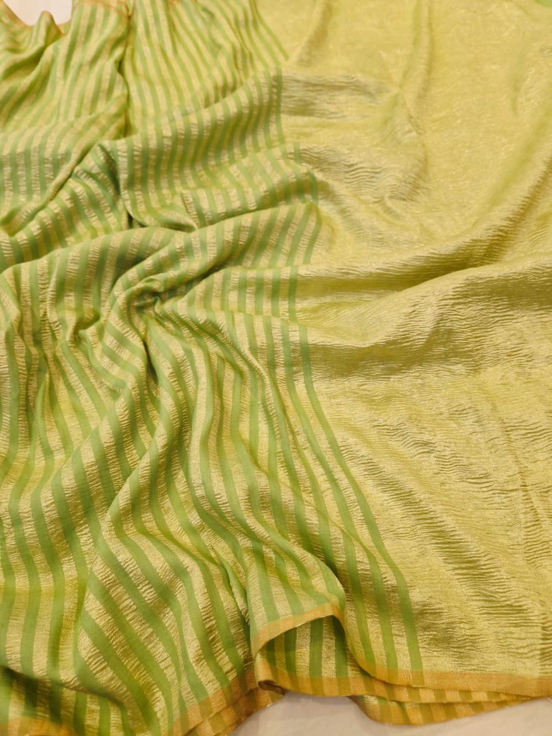 Pista green Moonga Silk Banarasi saree front drape view