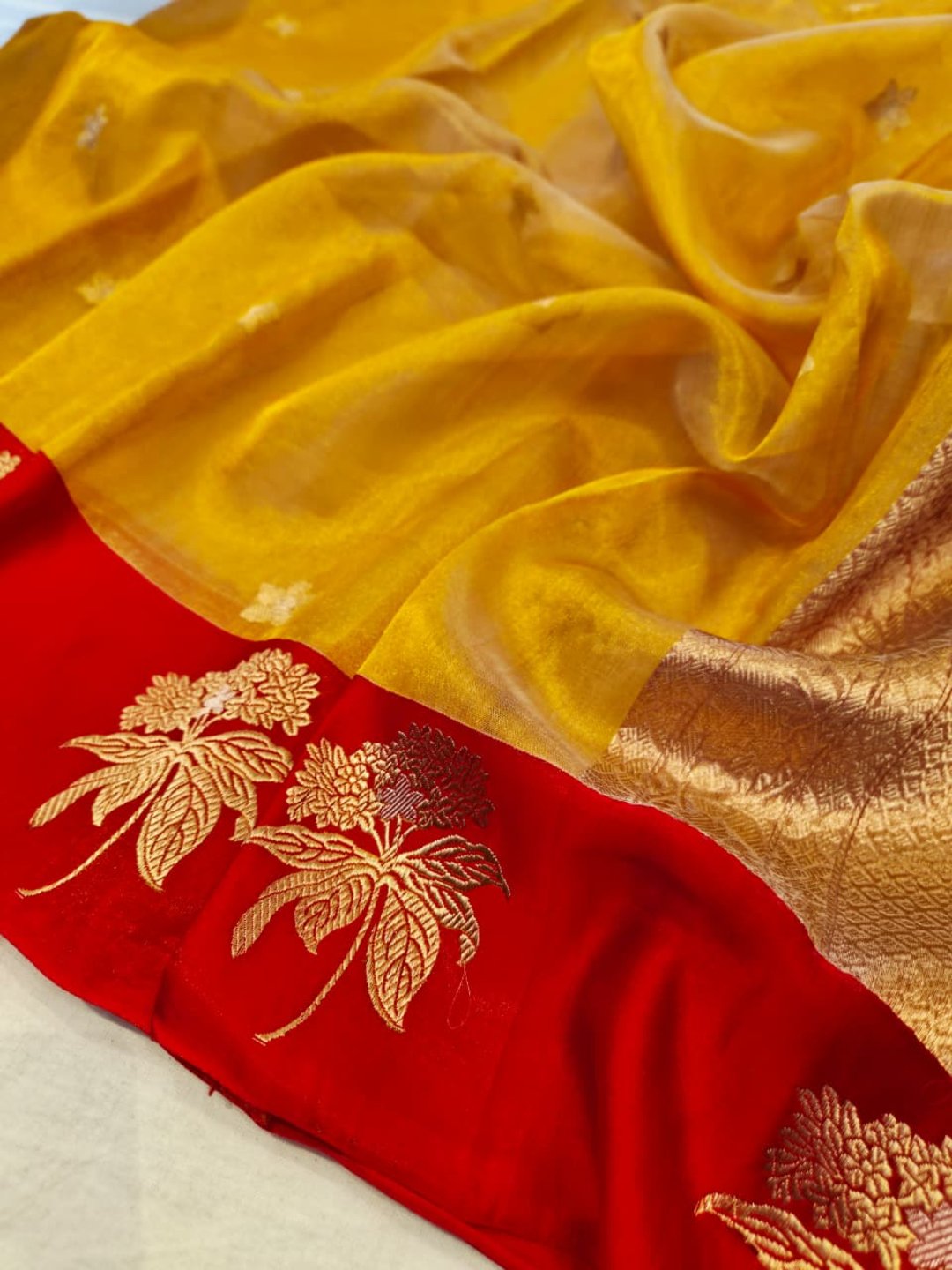 Golden with Red Tissue Silk Banarasi saree blouse piece