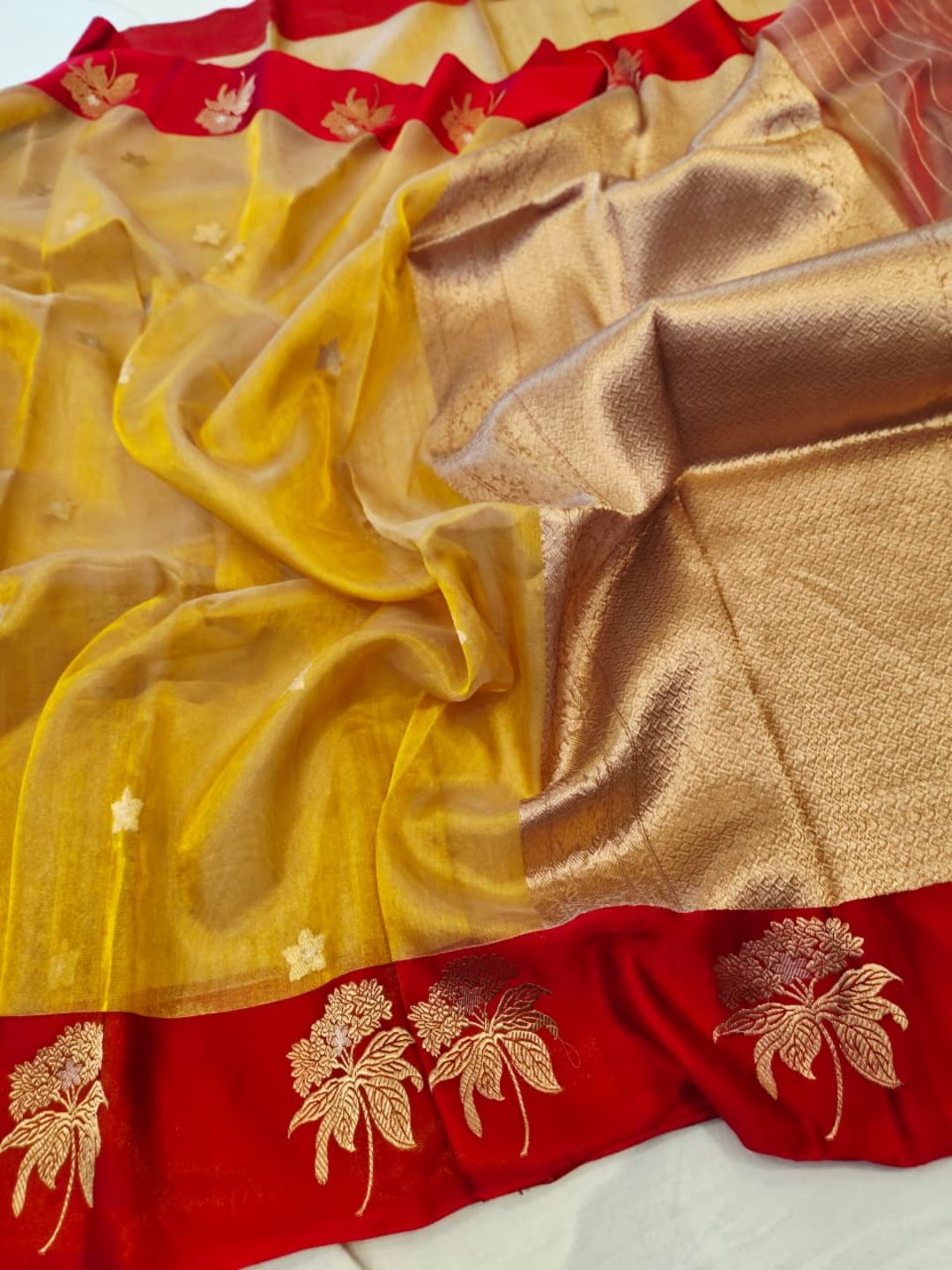 Golden with Red Tissue Silk Banarasi saree front drape view