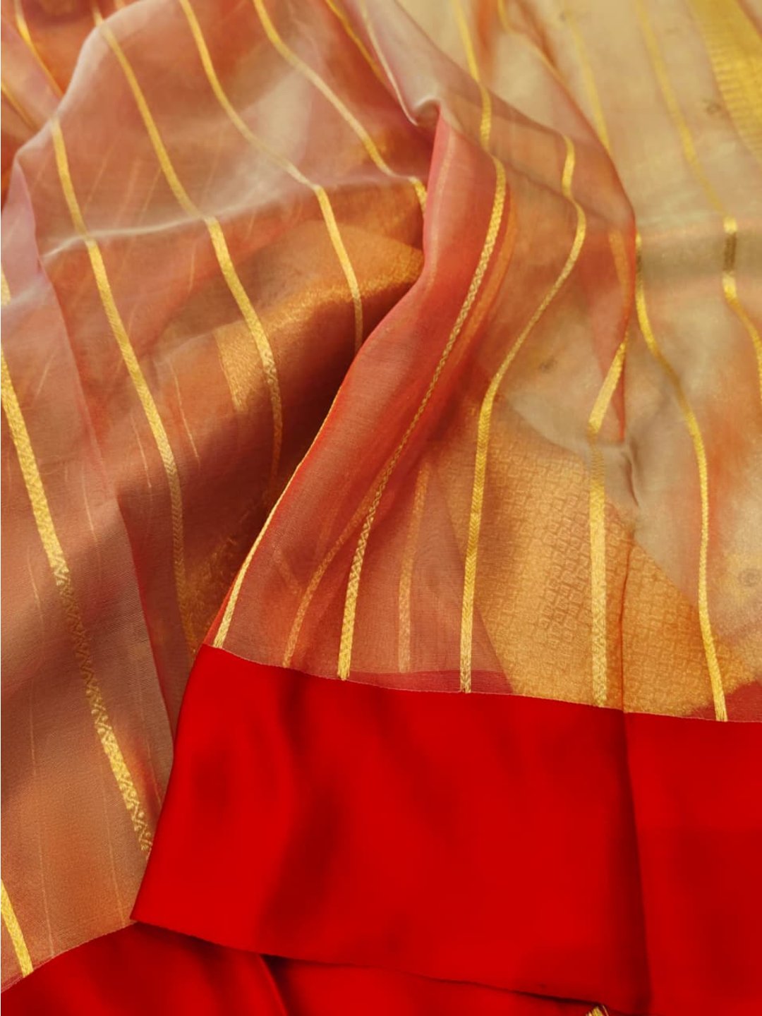 Silver with Red Tissue Silk Banarasi saree texture detail