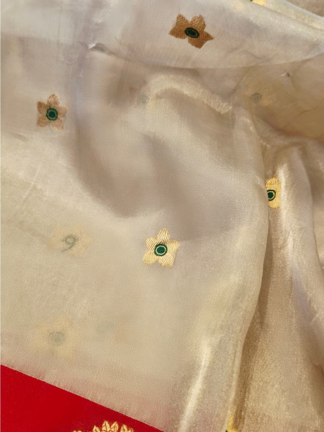 Silver with Red Tissue Silk Banarasi saree border closeup