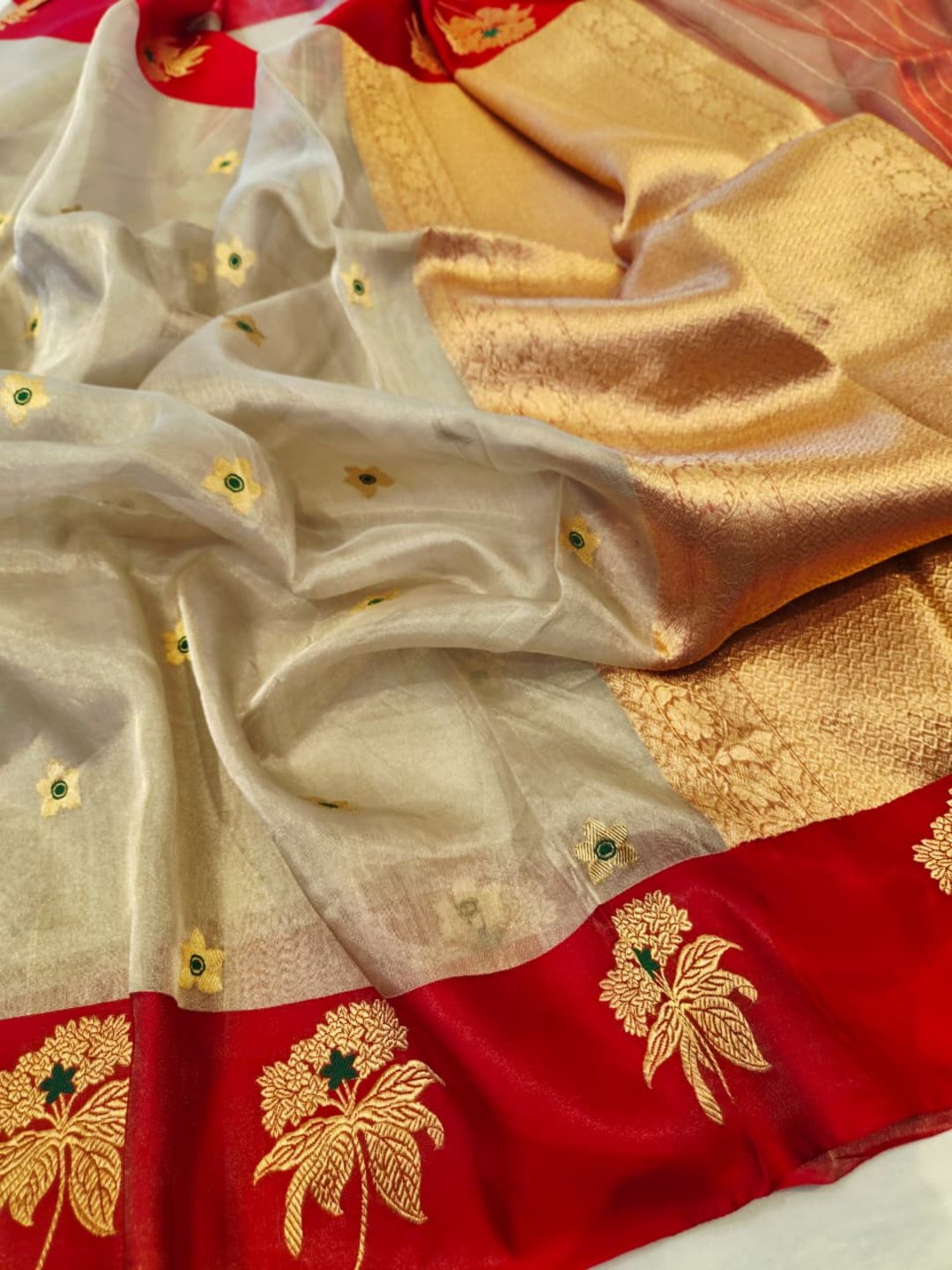 Silver with Red Tissue Silk Banarasi saree front drape view