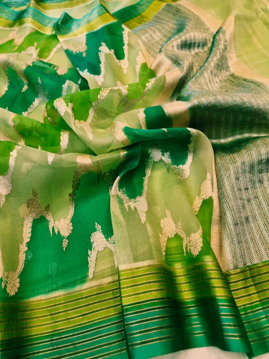 Light Green Katan Silk Banarasi saree front drape view