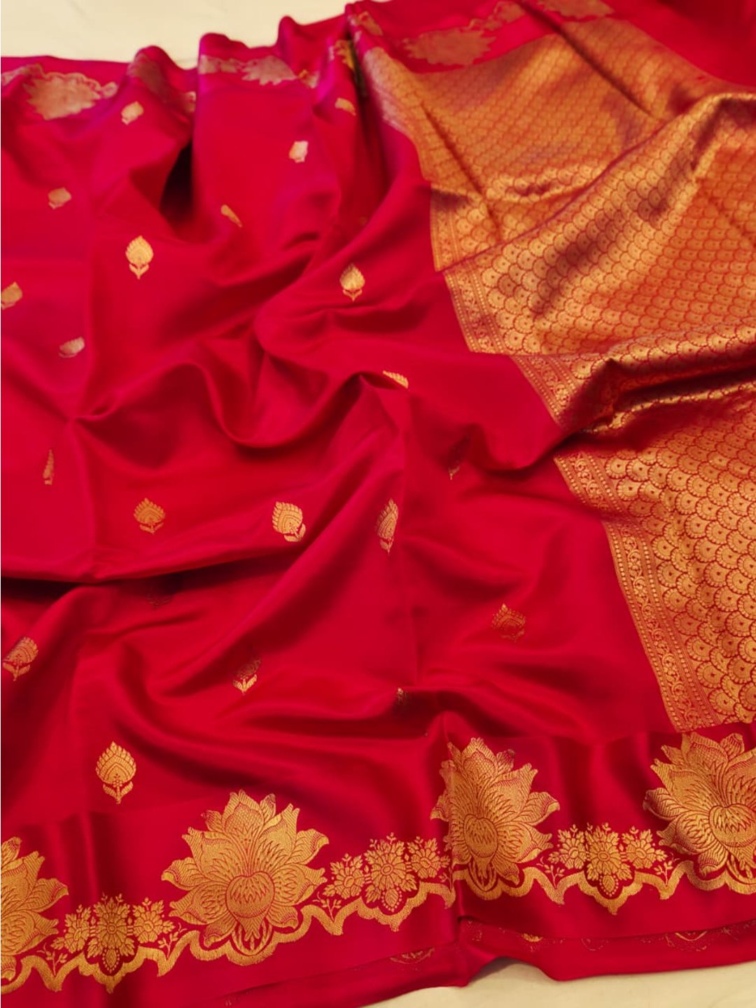 Royal Pink Katan Silk Banarasi saree front drape view