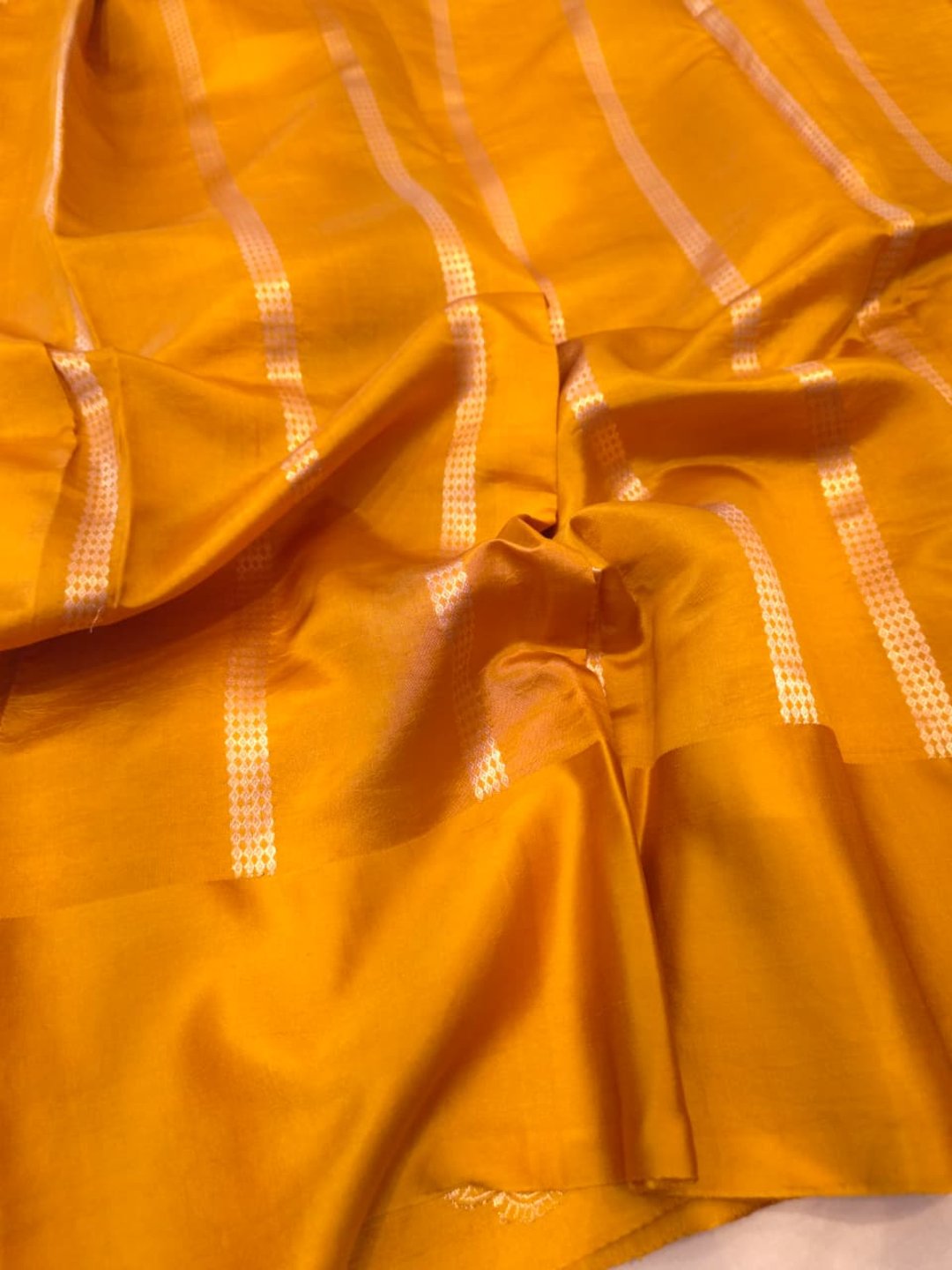 Musturd Yellow Katan Silk Banarasi saree front drape view