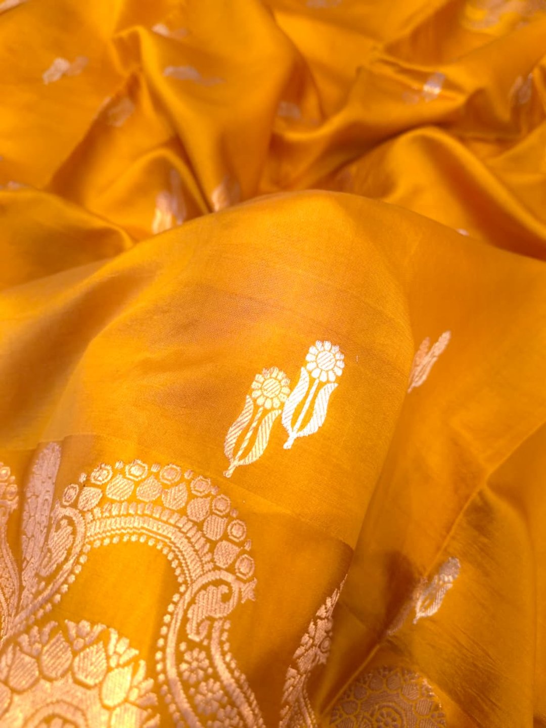 Musturd Yellow Katan Silk Banarasi saree front drape view