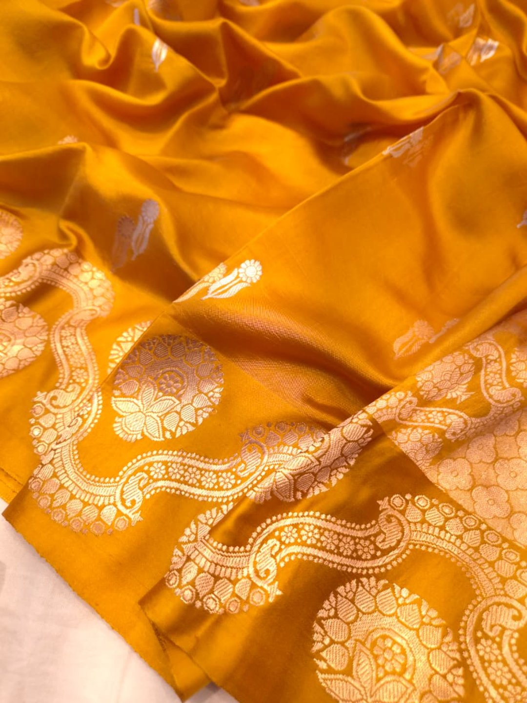 Musturd Yellow Katan Silk Banarasi saree front drape view