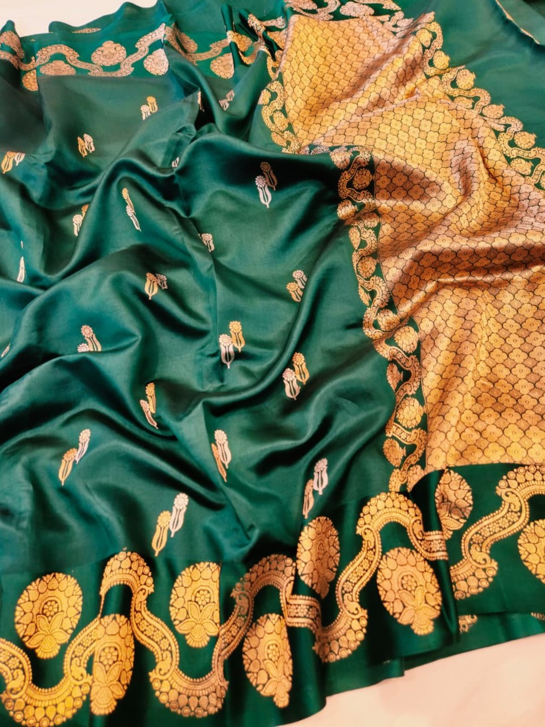 Bottle Green Katan Silk Banarasi saree front drape view