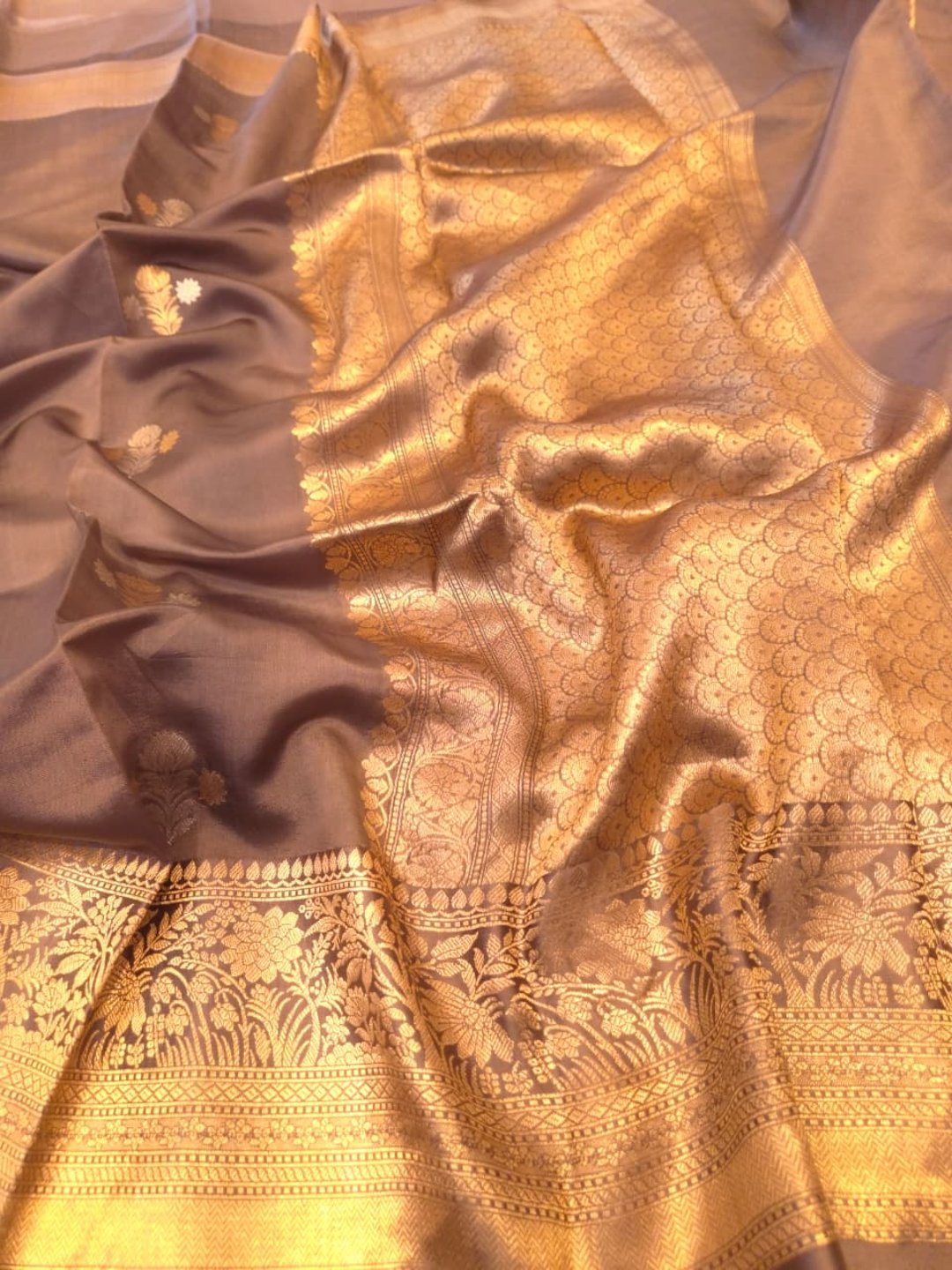 Steal Grey Katan Silk Banarasi saree front drape view