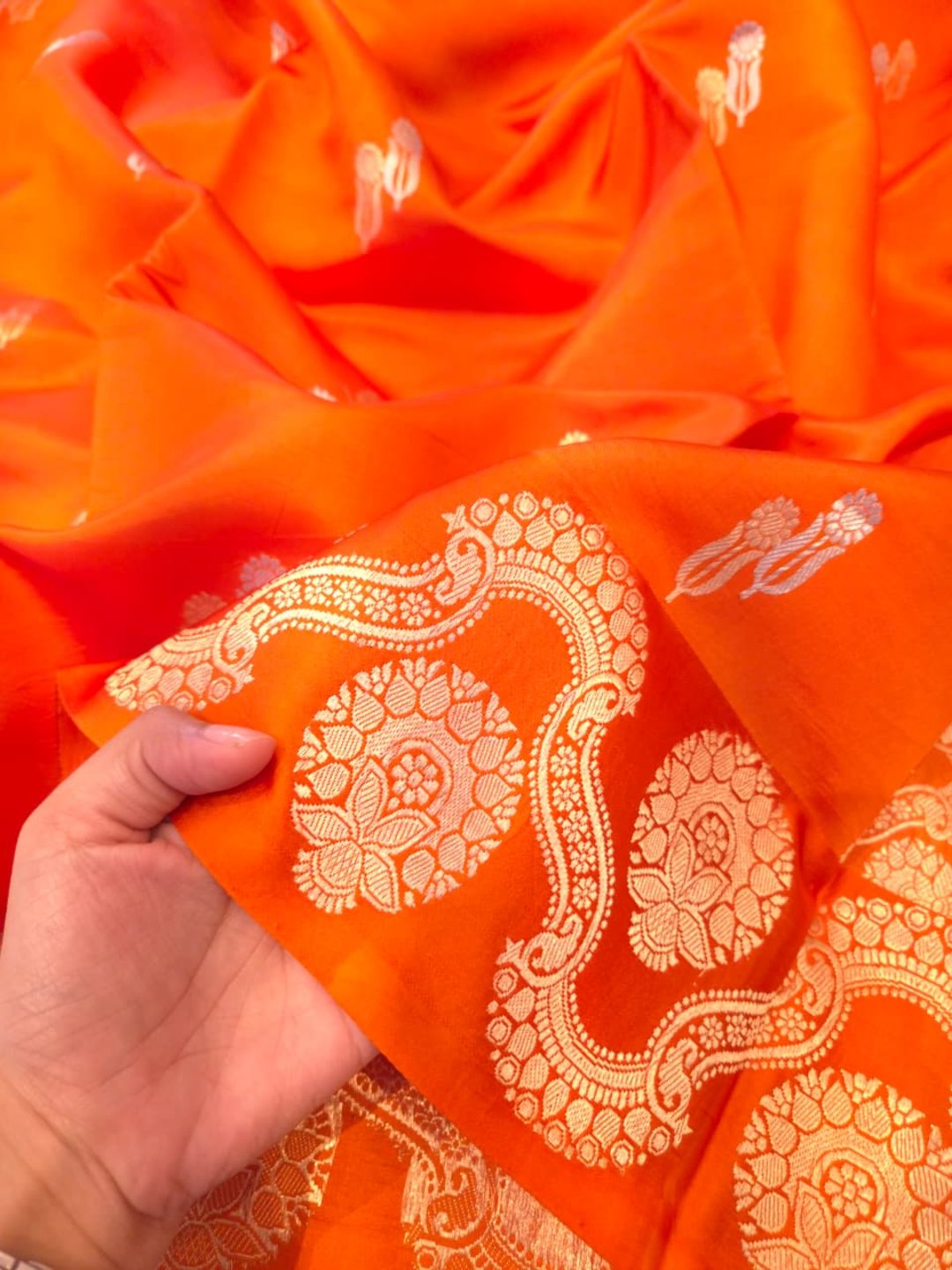 Orange Katan Silk Banarasi saree pallu detail