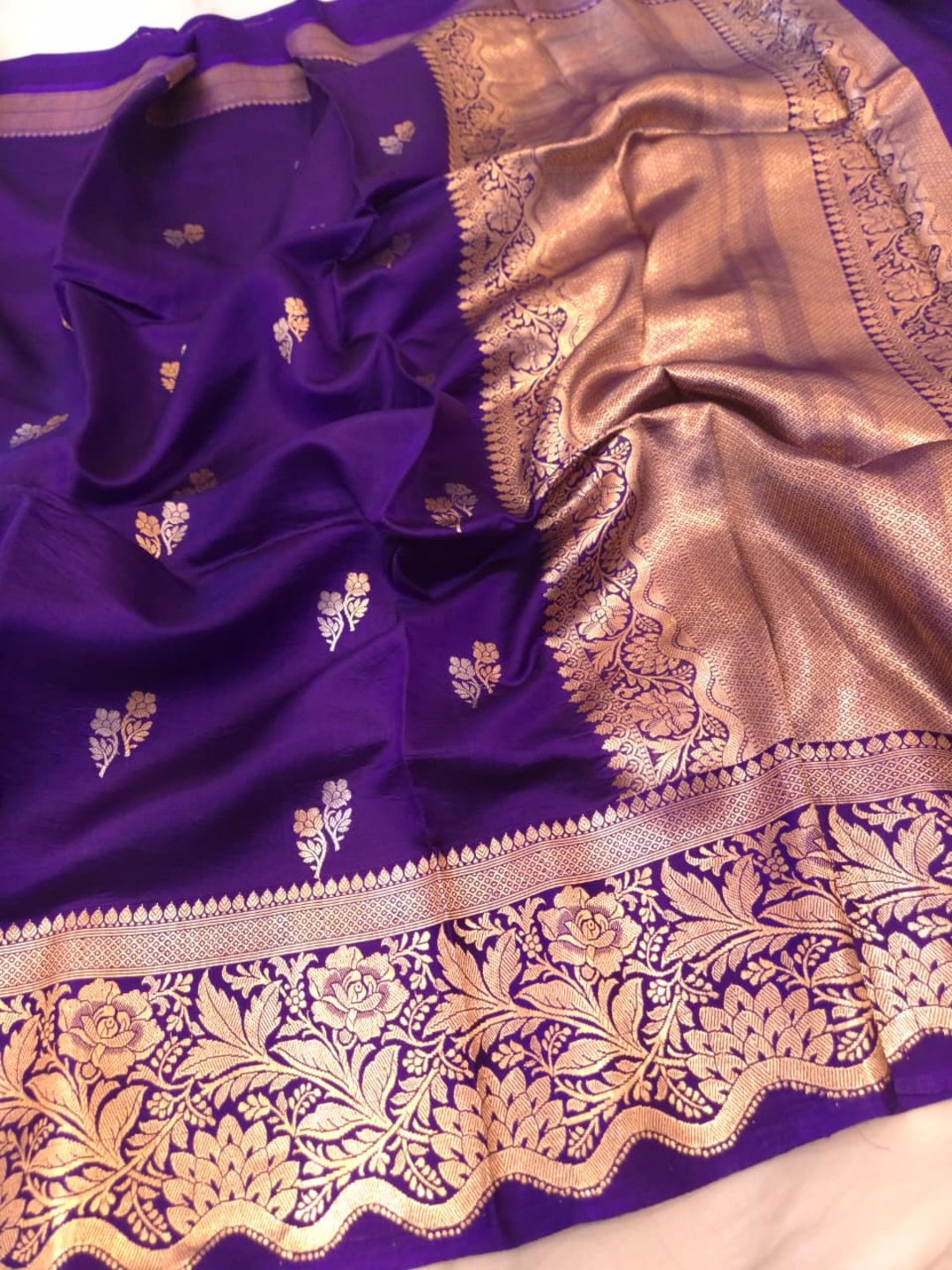 Royal Purple Katan Silk Banarasi saree front drape view
