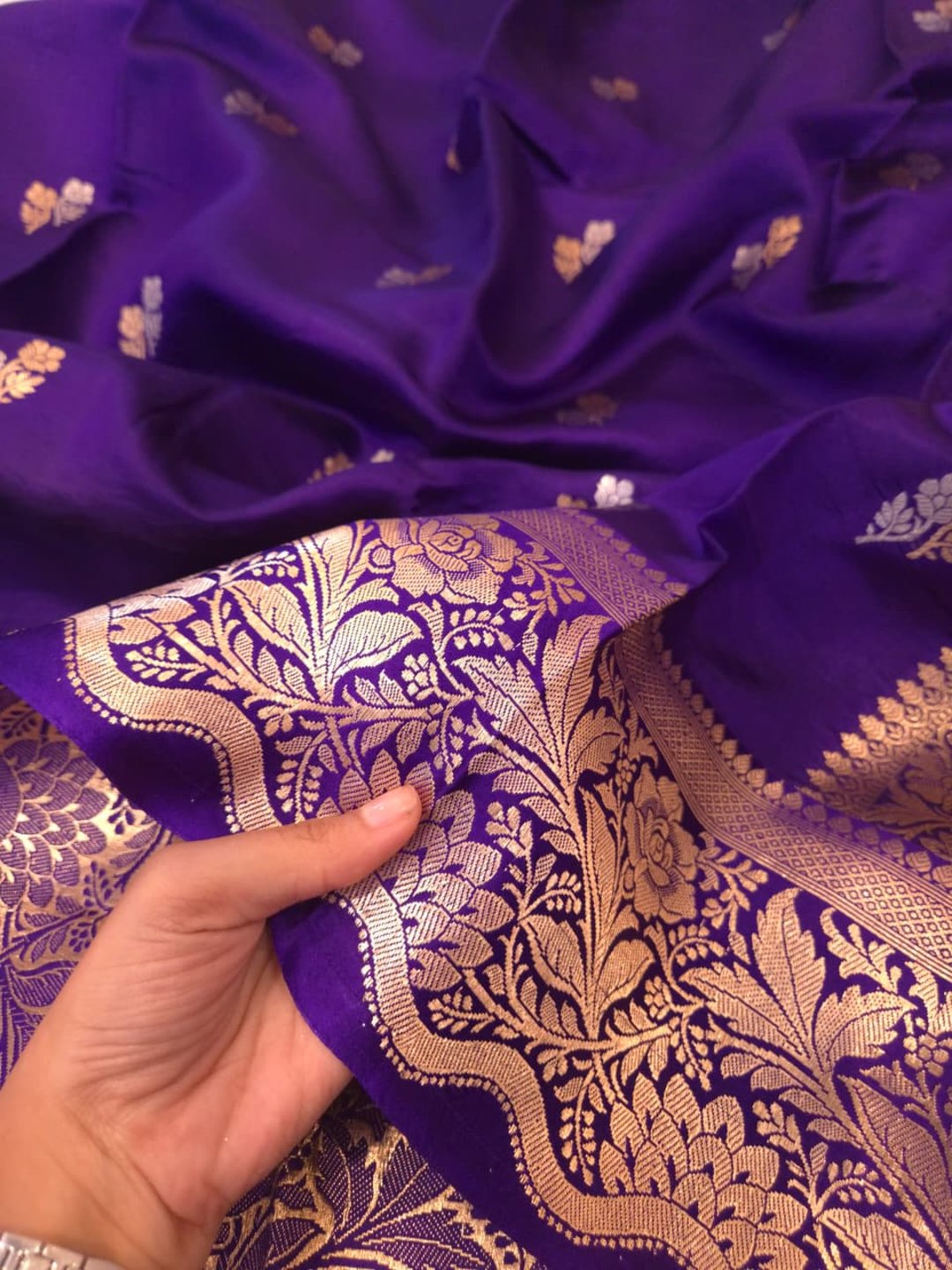 Royal Purple Katan Silk Banarasi saree border closeup