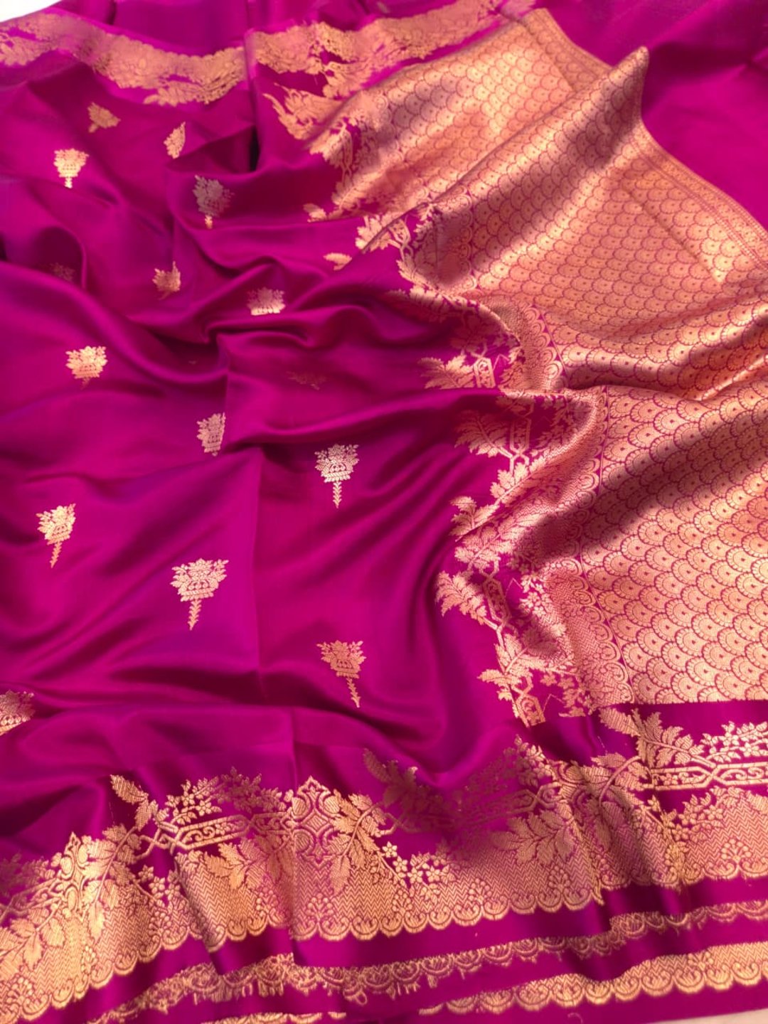 Magenta Pink Katan Silk Banarasi saree front drape view