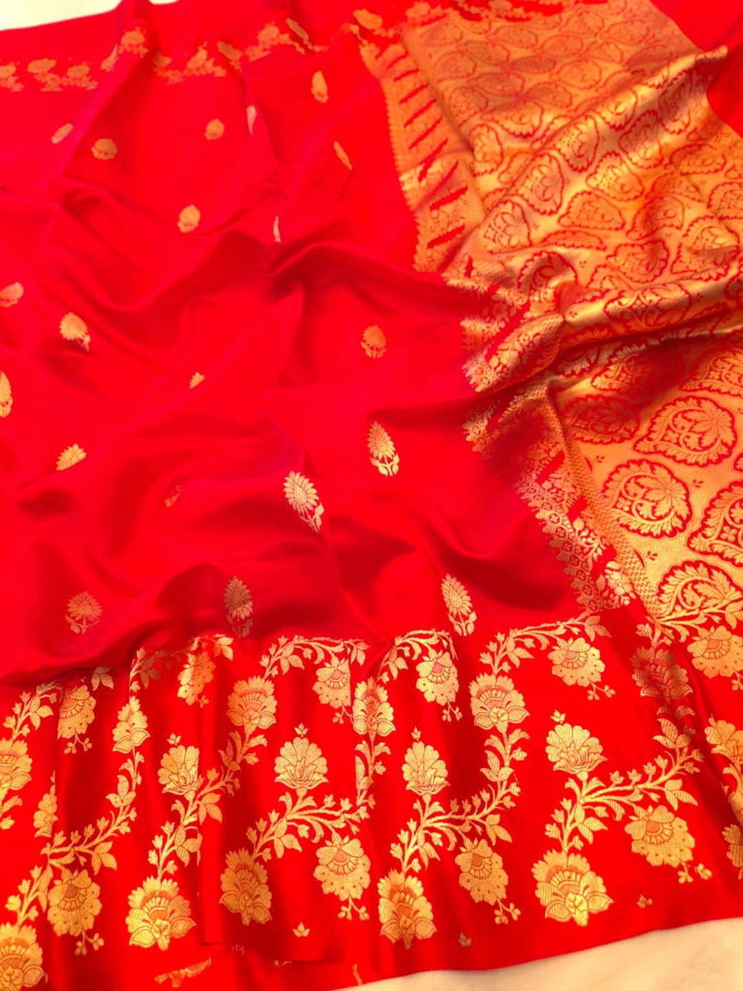 Peacock Blue Katan Silk Banarasi saree front drape view