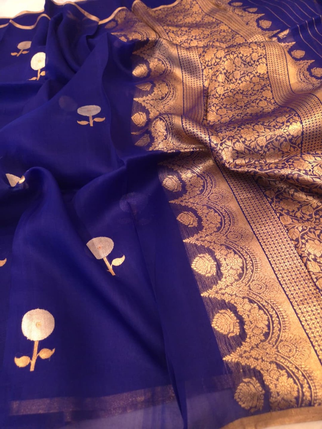 Royal Blue Katan Silk Banarasi saree front drape view