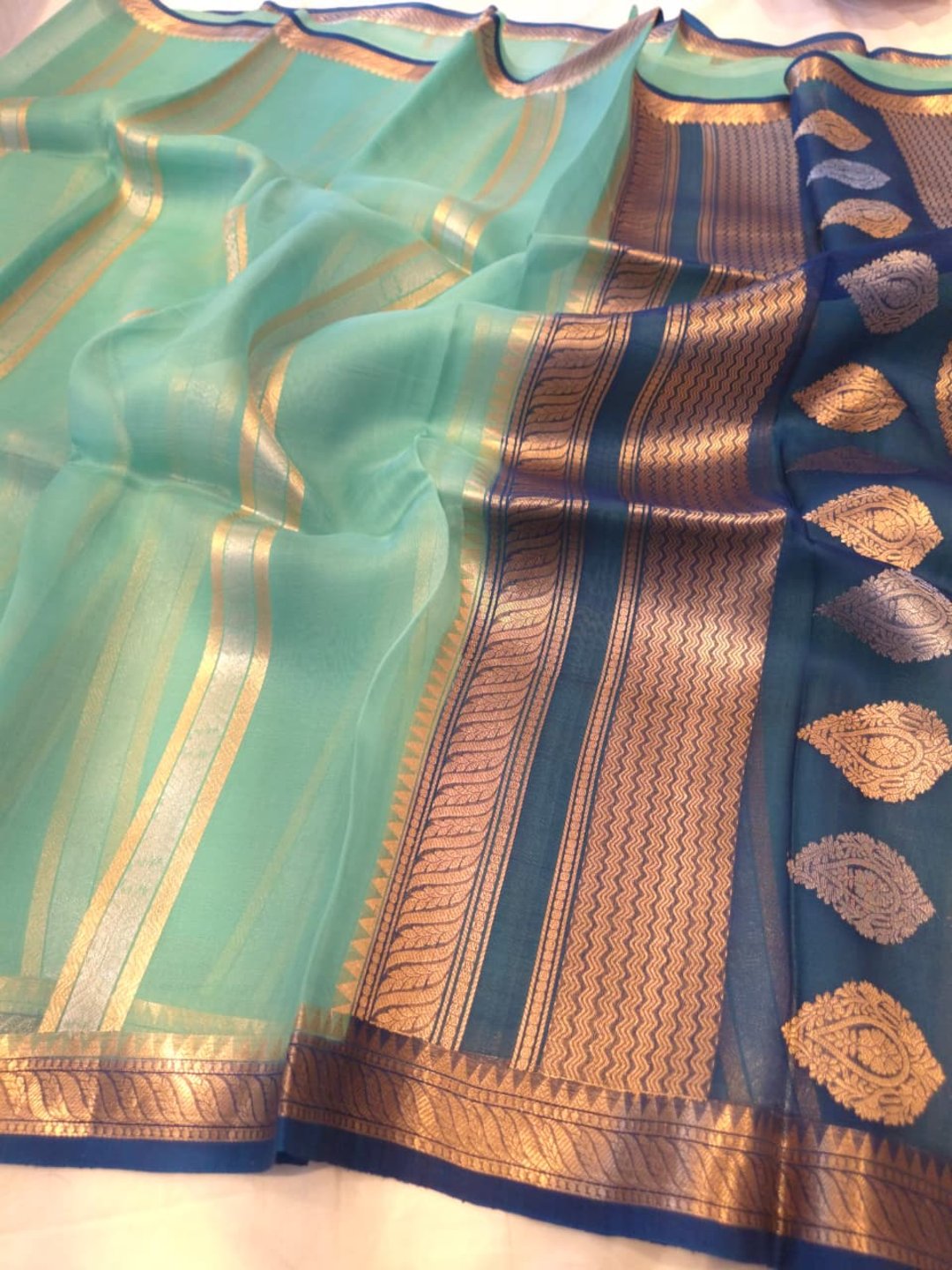 Sea Green Cora silk Banarasi saree front drape view