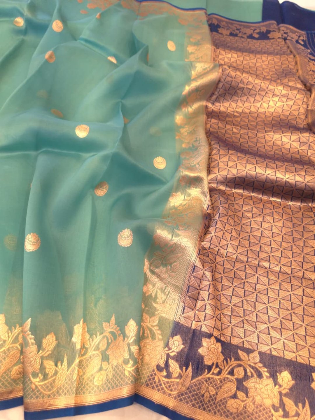 Sea Green Cora silk Banarasi saree front drape view
