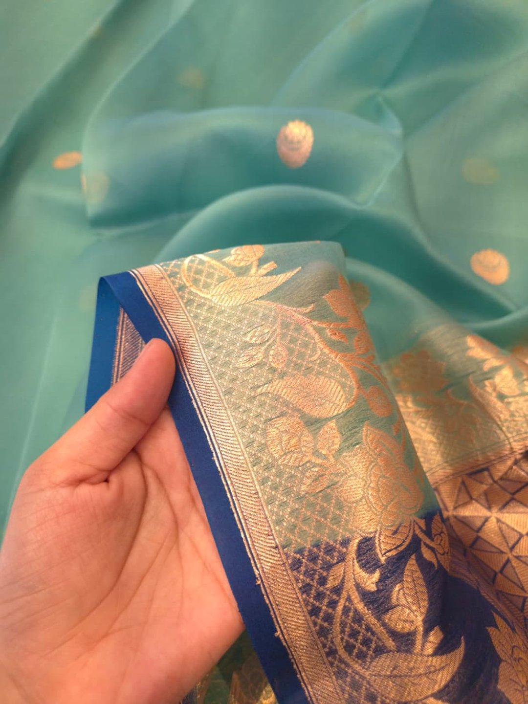 Sea Green Cora silk Banarasi saree border closeup