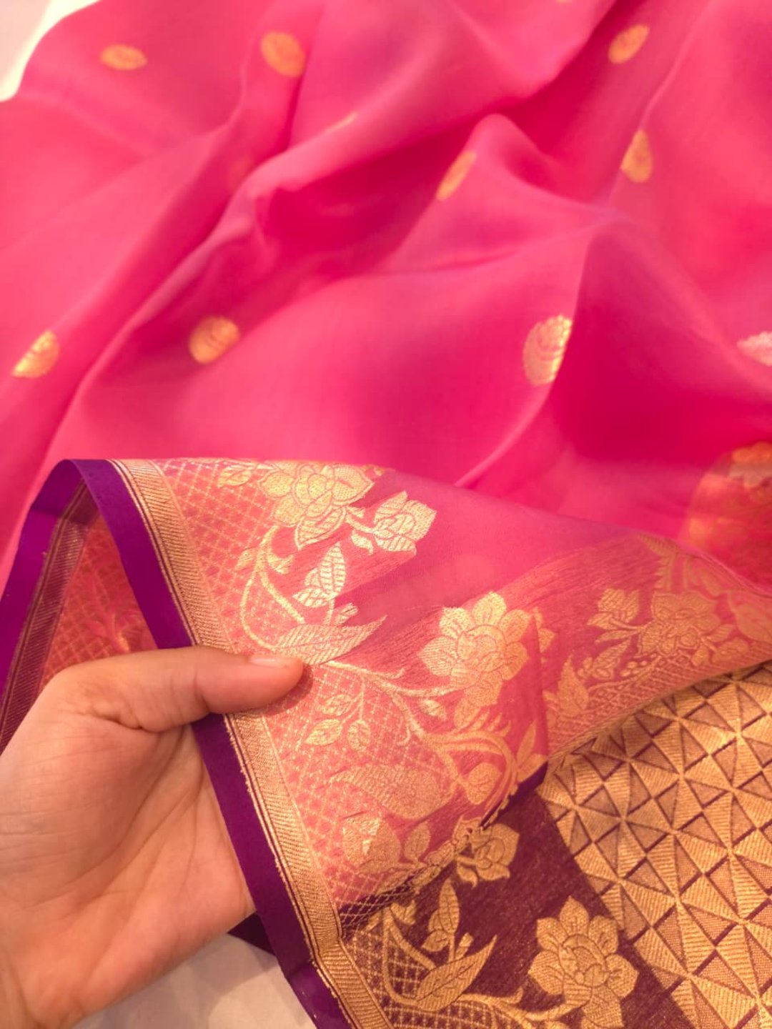 Light Pink Cora silk Banarasi saree border closeup