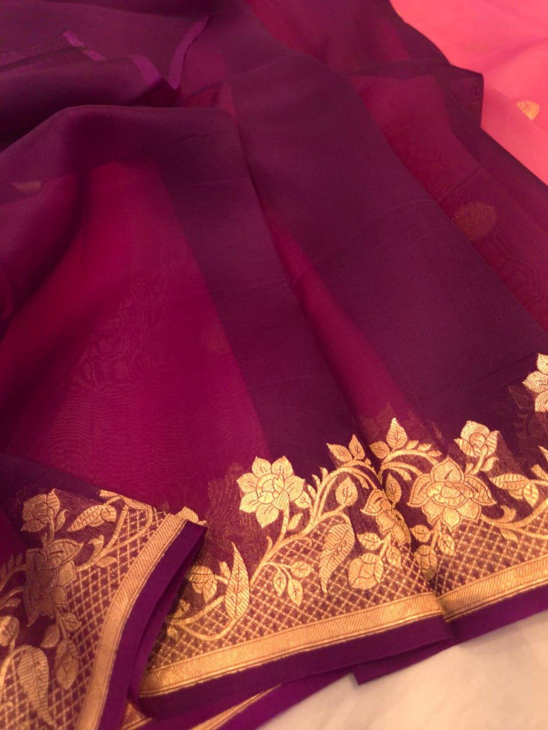 Light Pink Cora silk Banarasi saree texture detail