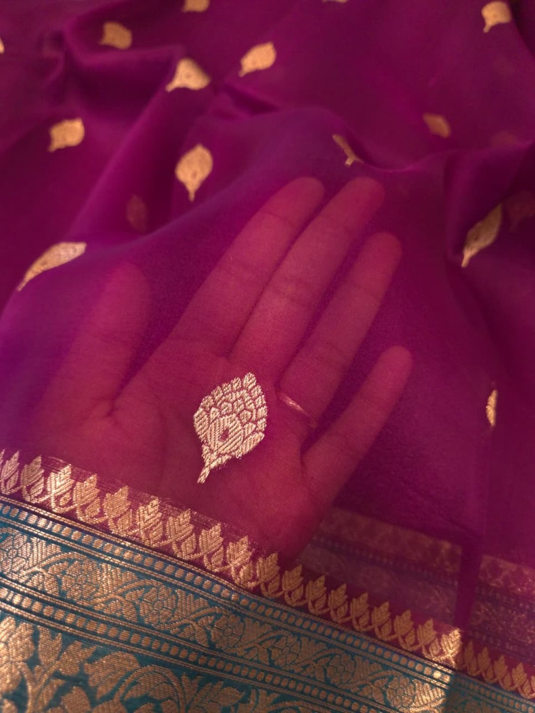 Purple Cora silk Banarasi saree pallu detail