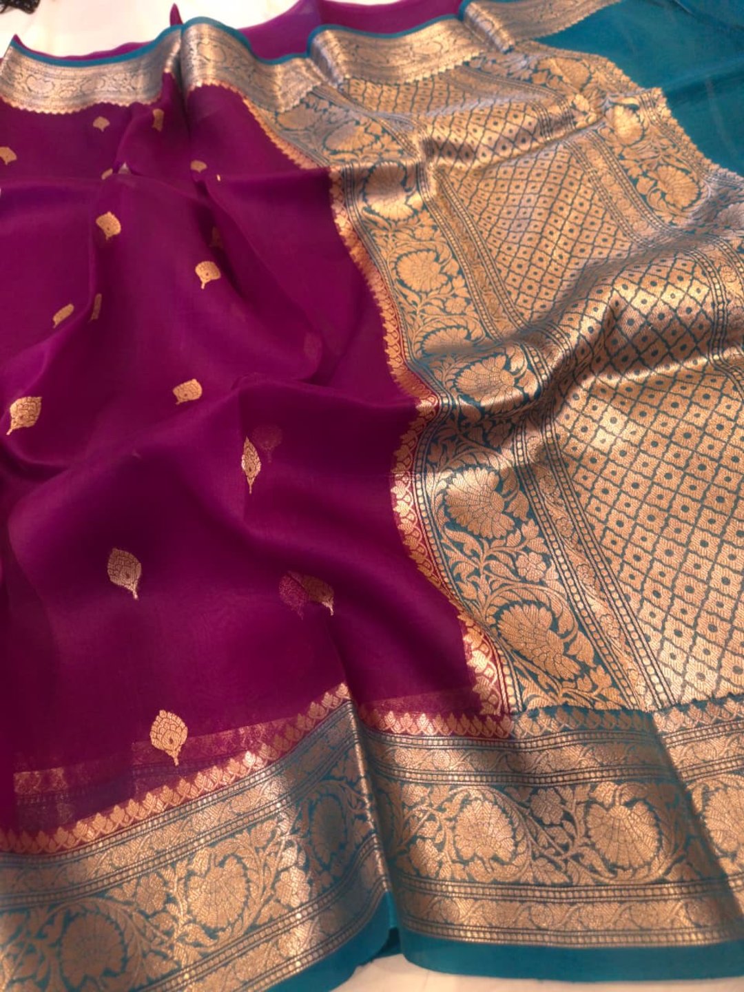 Purple Cora silk Banarasi saree full spread