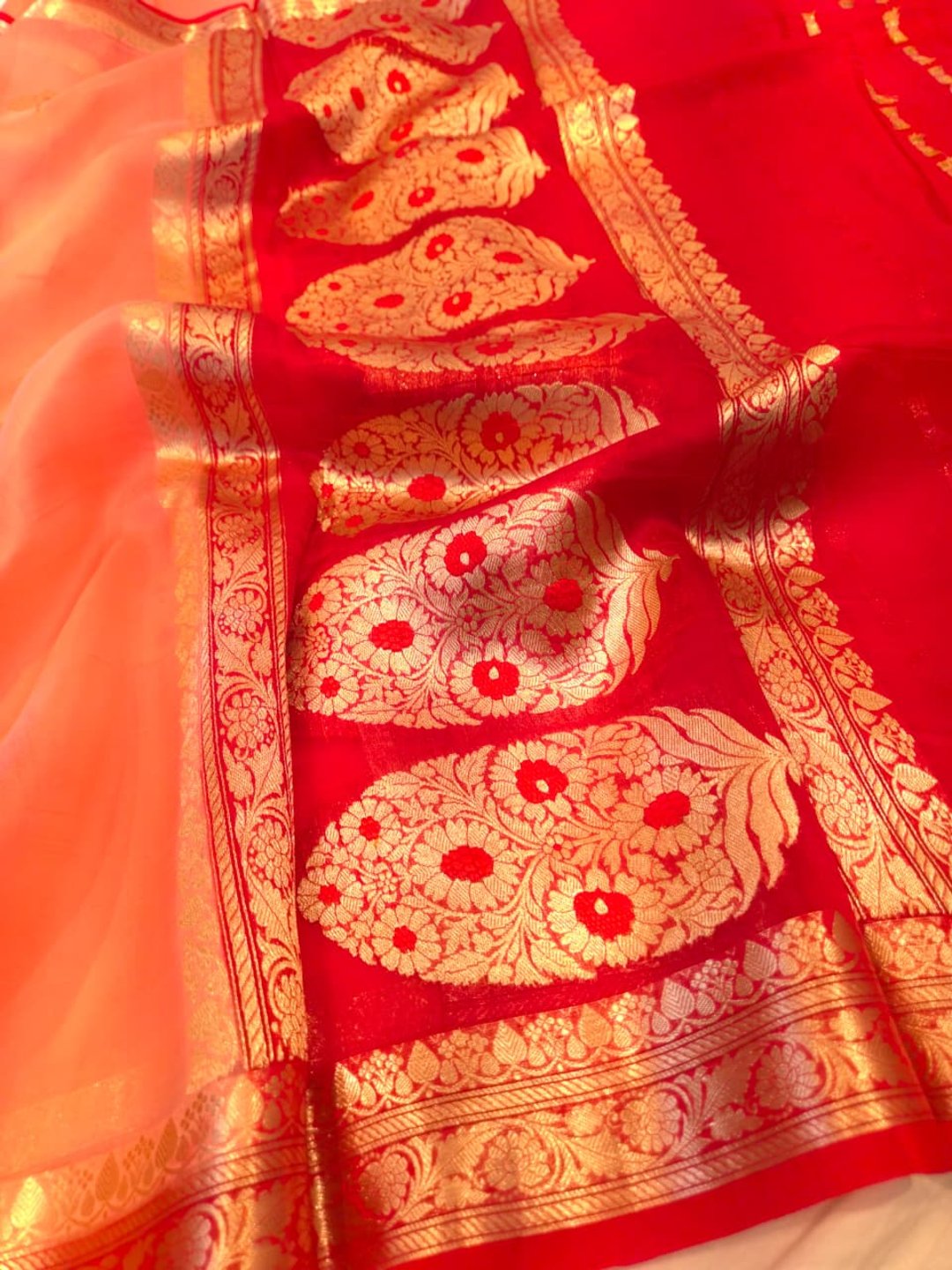 Peach Cora silk Banarasi saree pallu detail