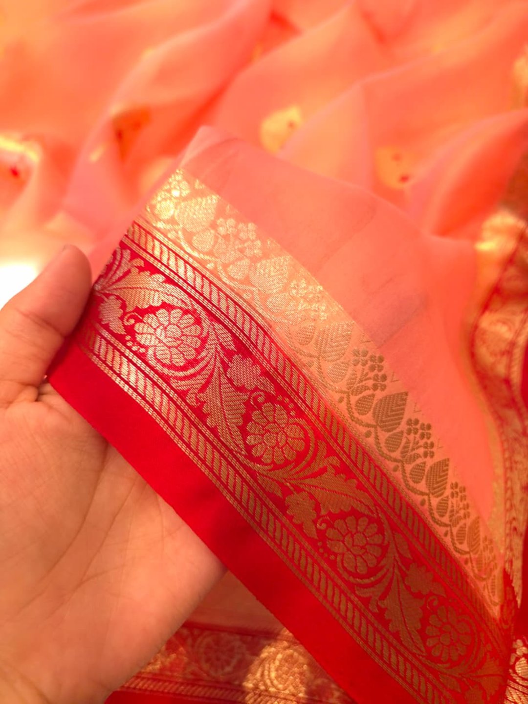 Peach Cora silk Banarasi saree border closeup