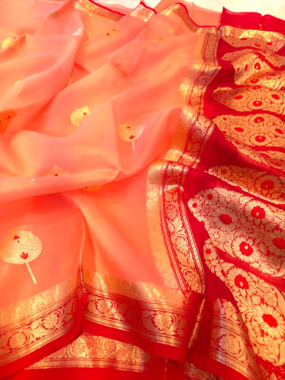 Peach Cora silk Banarasi saree full spread