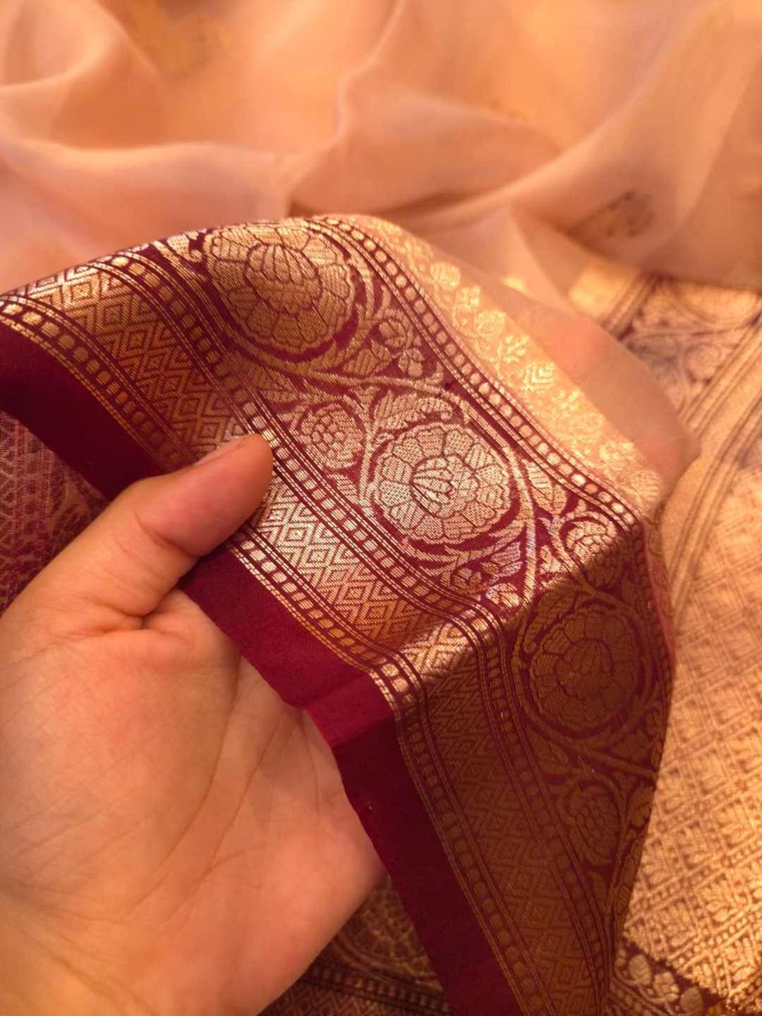 Light Peach Kora Silk Banarasi saree border closeup