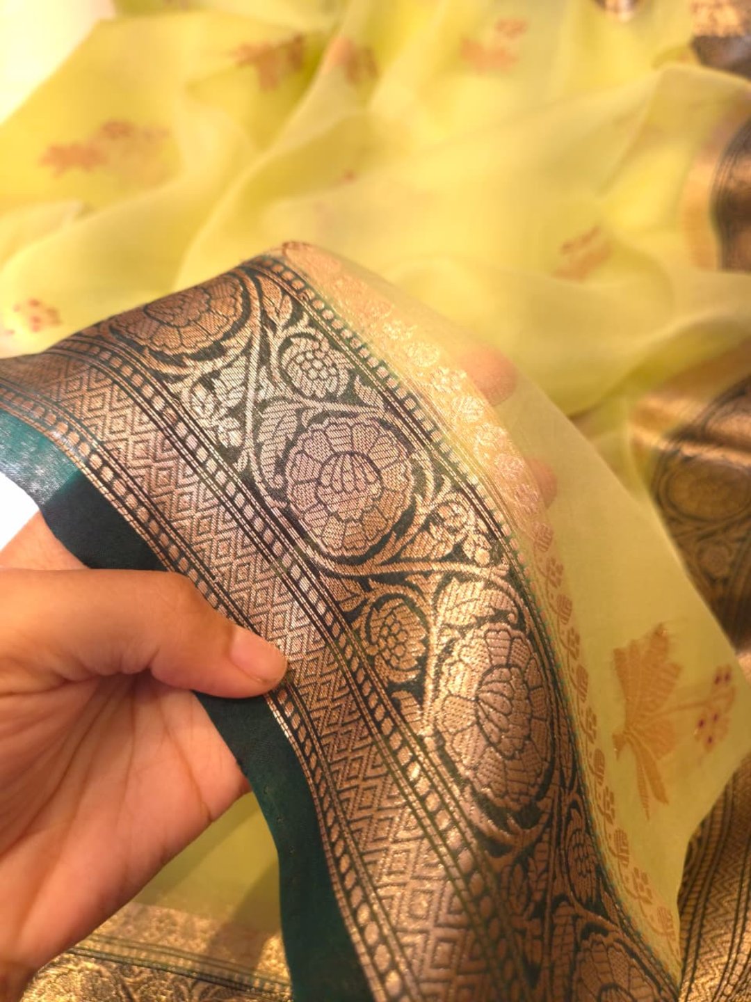 Light Green Kora Silk Banarasi saree pallu detail
