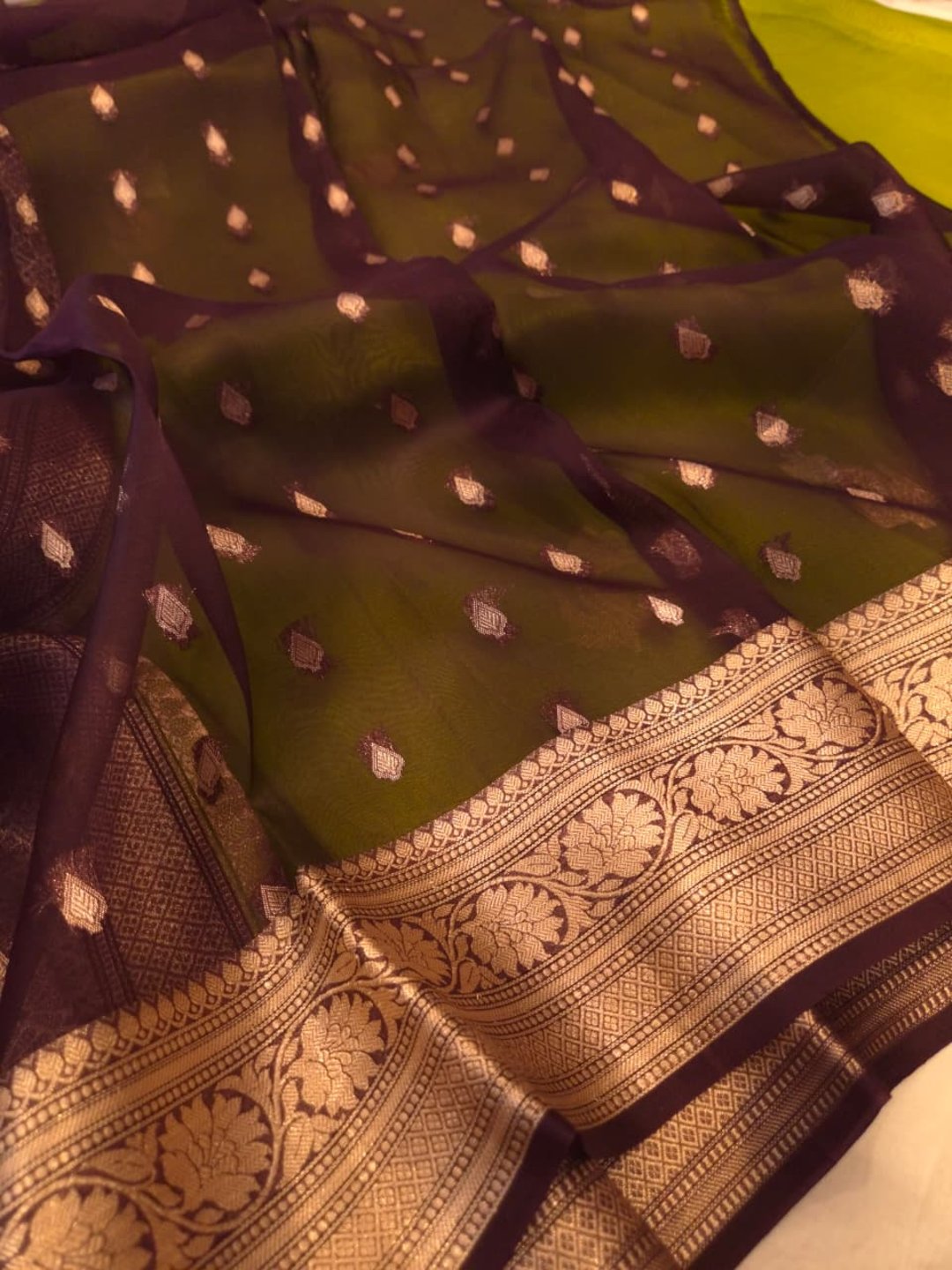 Olive green with maroon border a Kora Silk Banarasi saree zari work detail