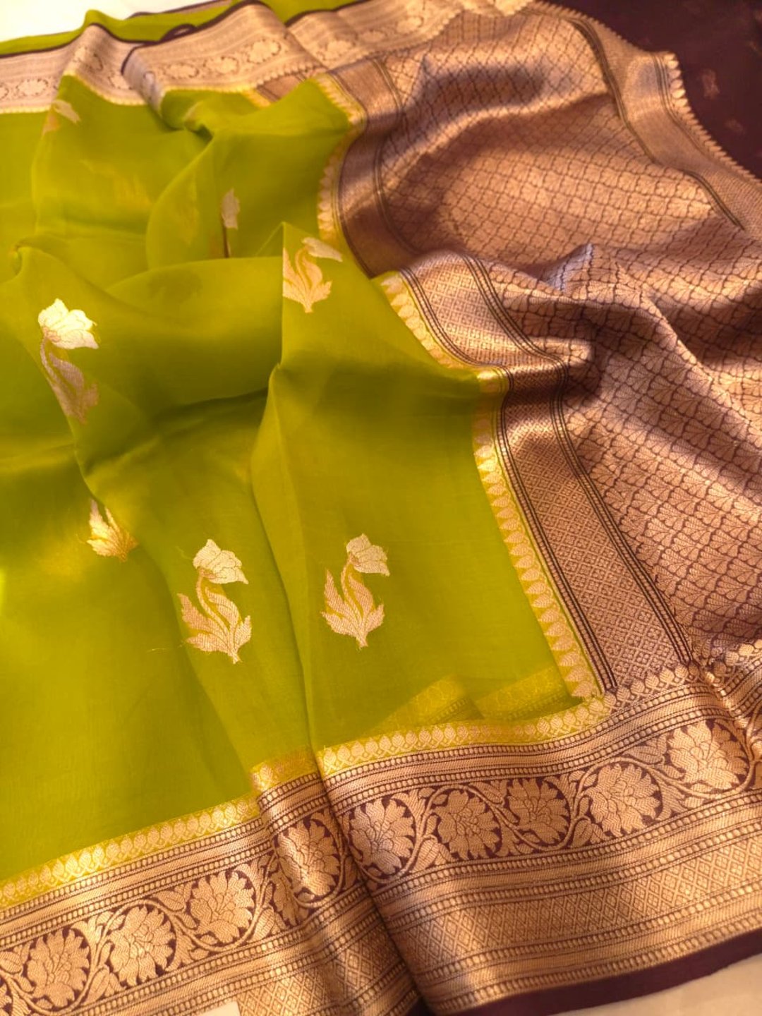 Olive green with maroon border a Kora Silk Banarasi saree pallu detail