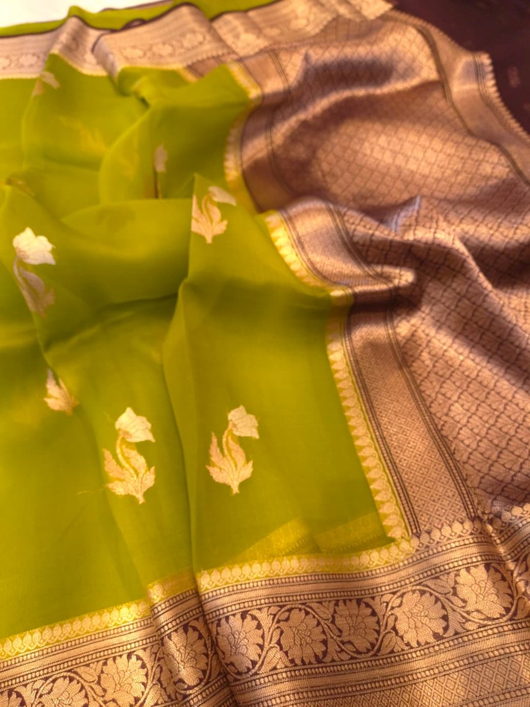 Olive green with maroon border a Kora Silk Banarasi saree border closeup