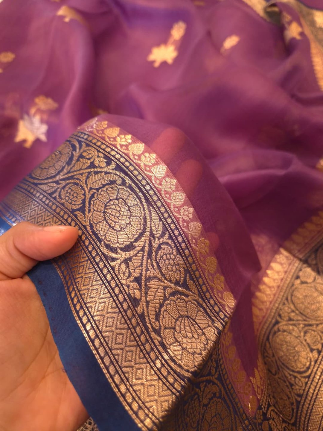 Levender with Blue border Kora Silk Banarasi saree full spread