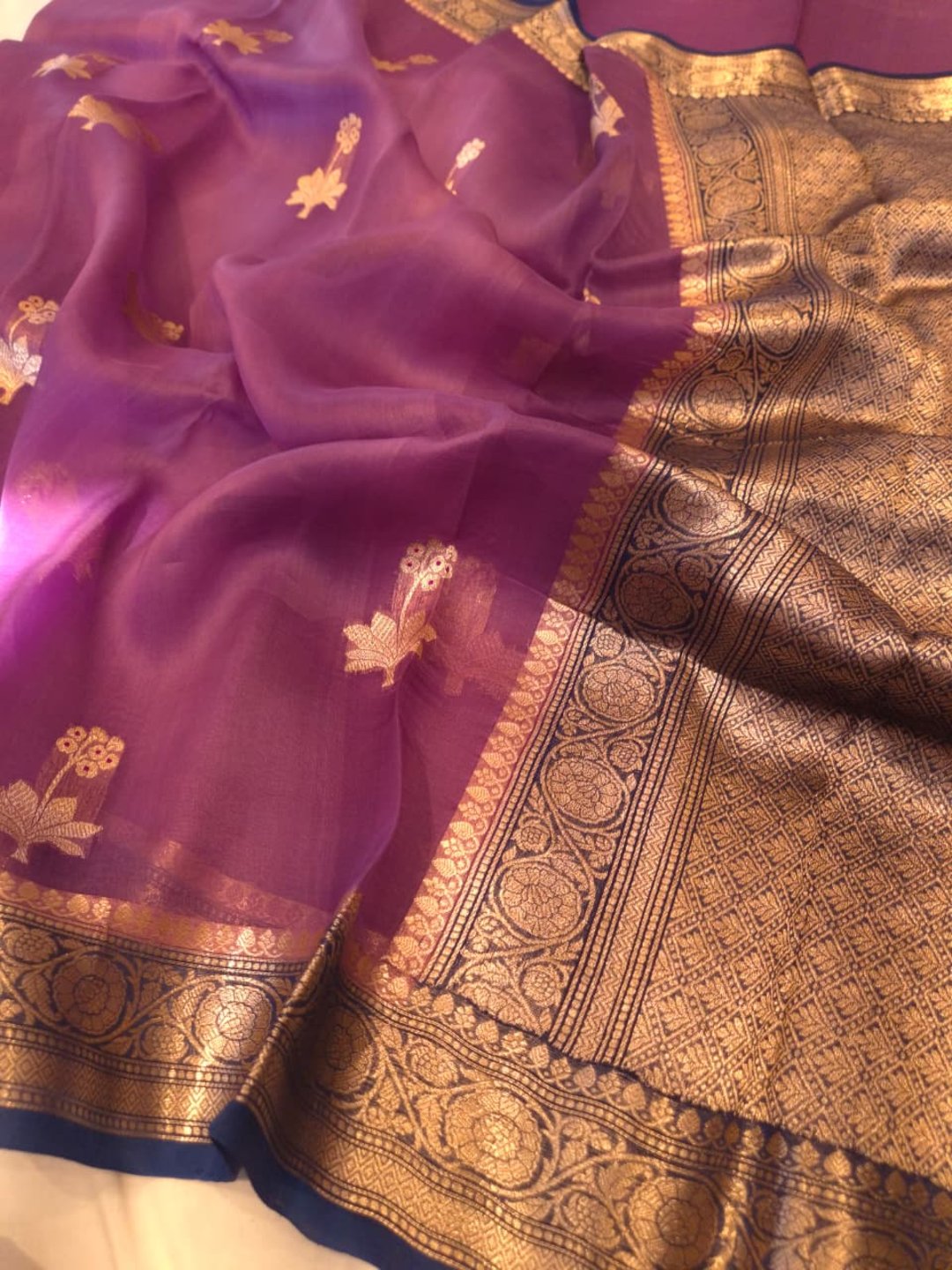 Levender with Blue border Kora Silk Banarasi saree front drape view