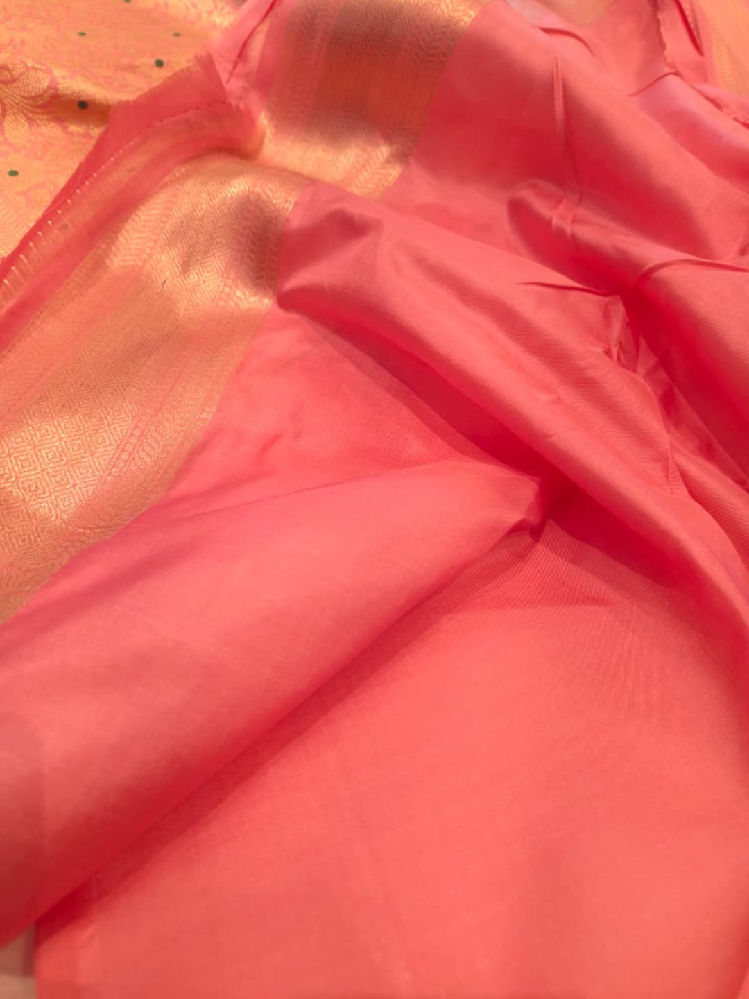 Baby Pinkl Katan Silk Banarasi saree front drape view