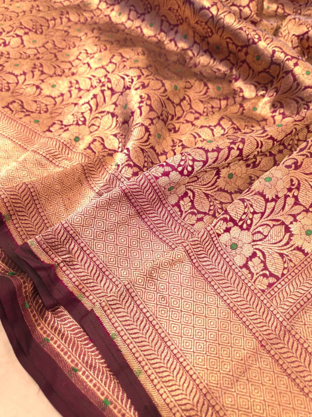 Deep Maroon Katan Silk Banarasi saree pallu detail
