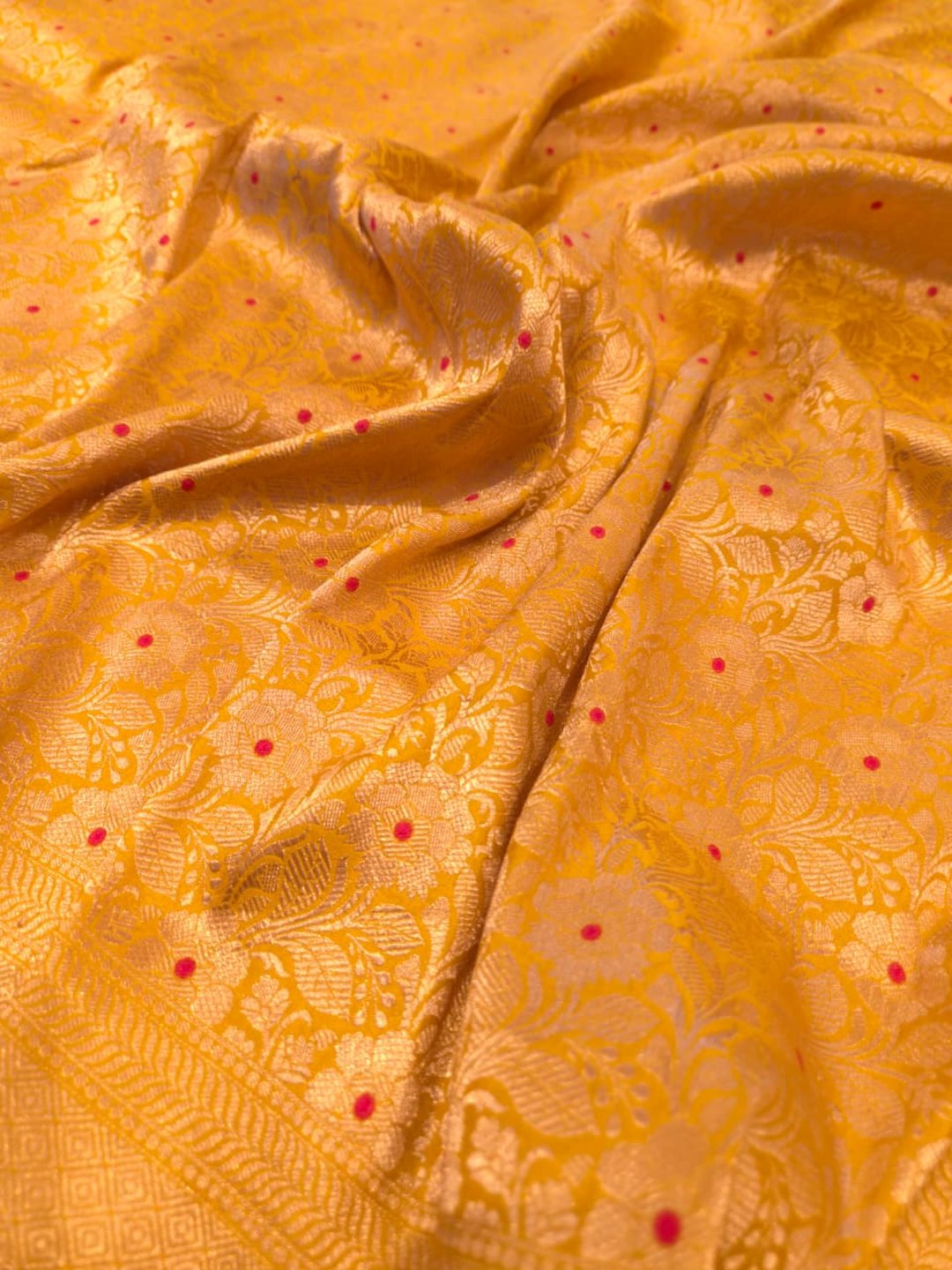 Yellow Katan Silk Banarasi saree border closeup