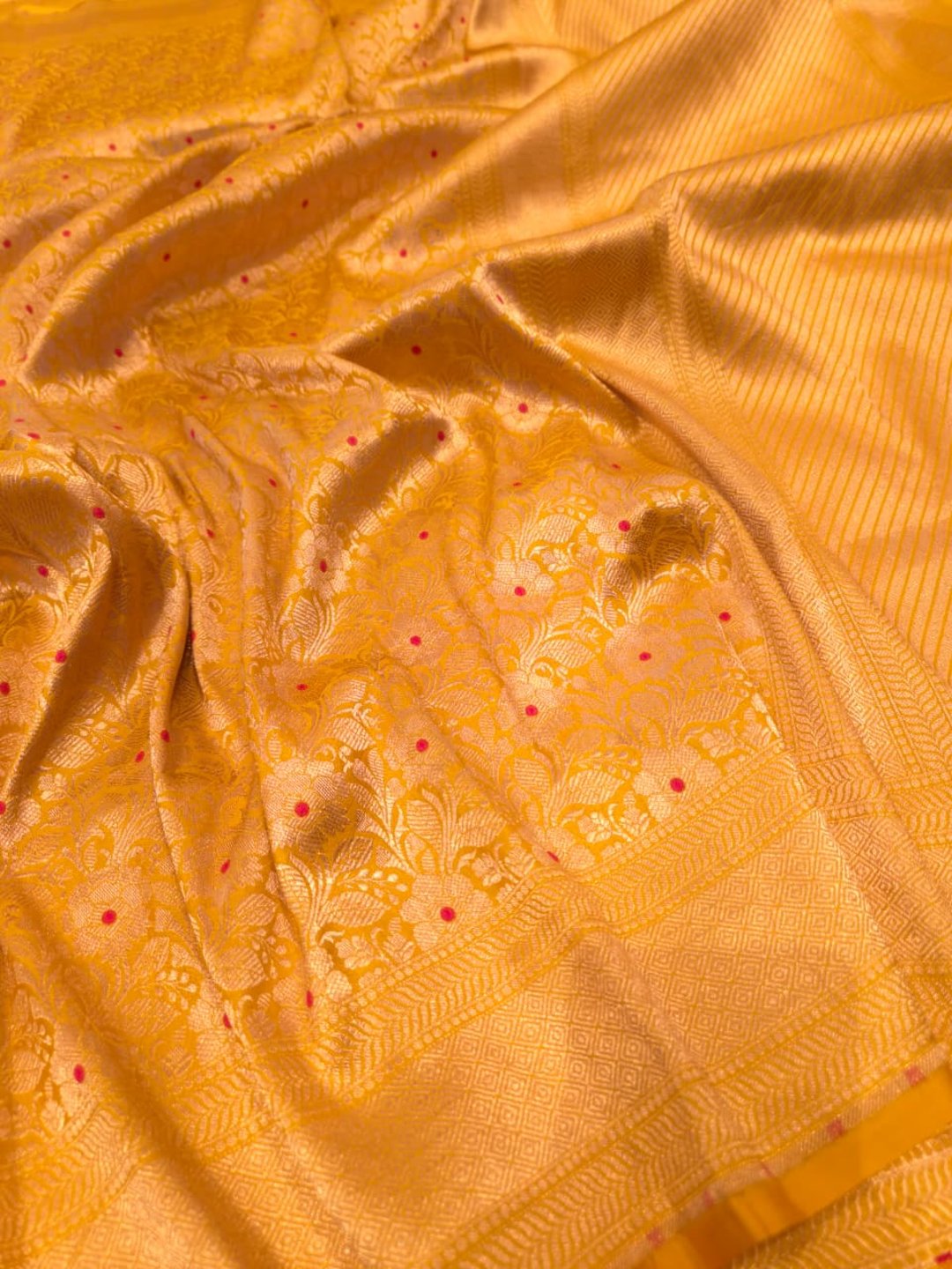 Yellow Katan Silk Banarasi saree full spread