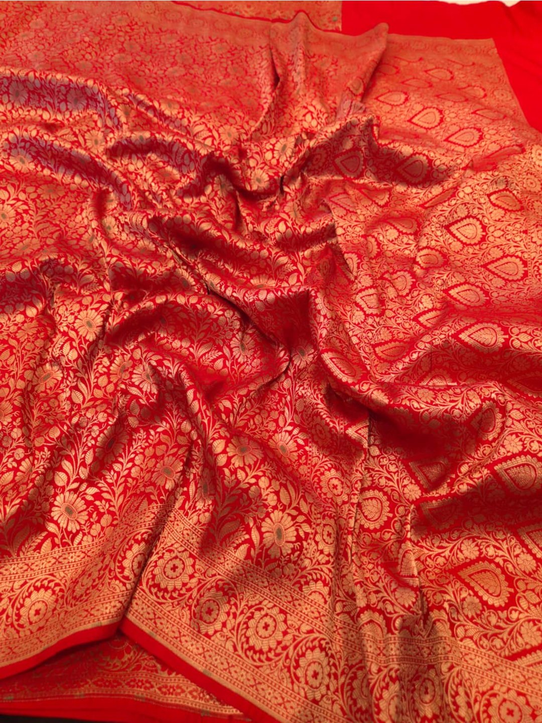 Dark Red Katan Silk Banarasi saree front drape view