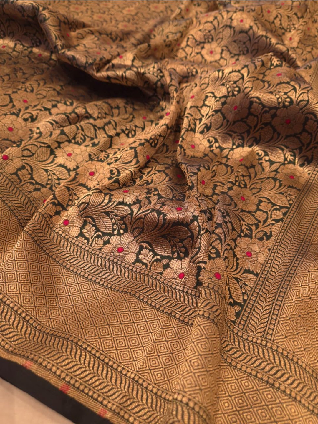 Bottle Green Katan Silk Banarasi saree pallu detail