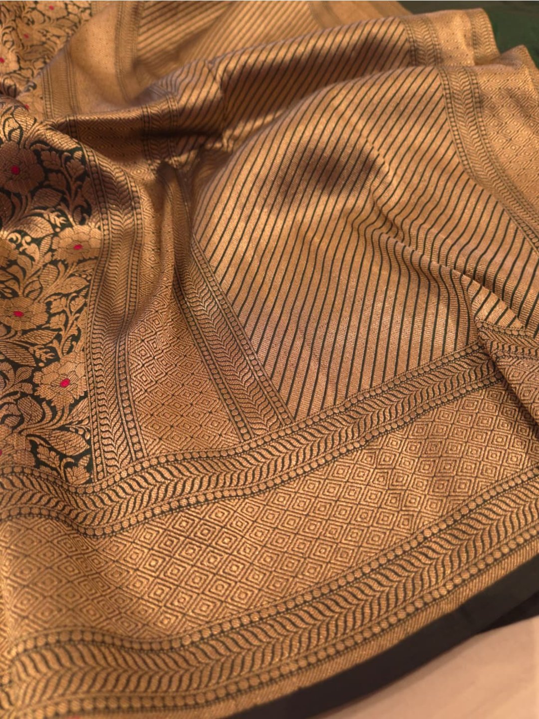 Bottle Green Katan Silk Banarasi saree border closeup