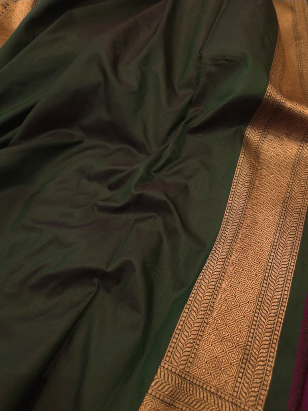 Bottle Green Katan Silk Banarasi saree zari work detail