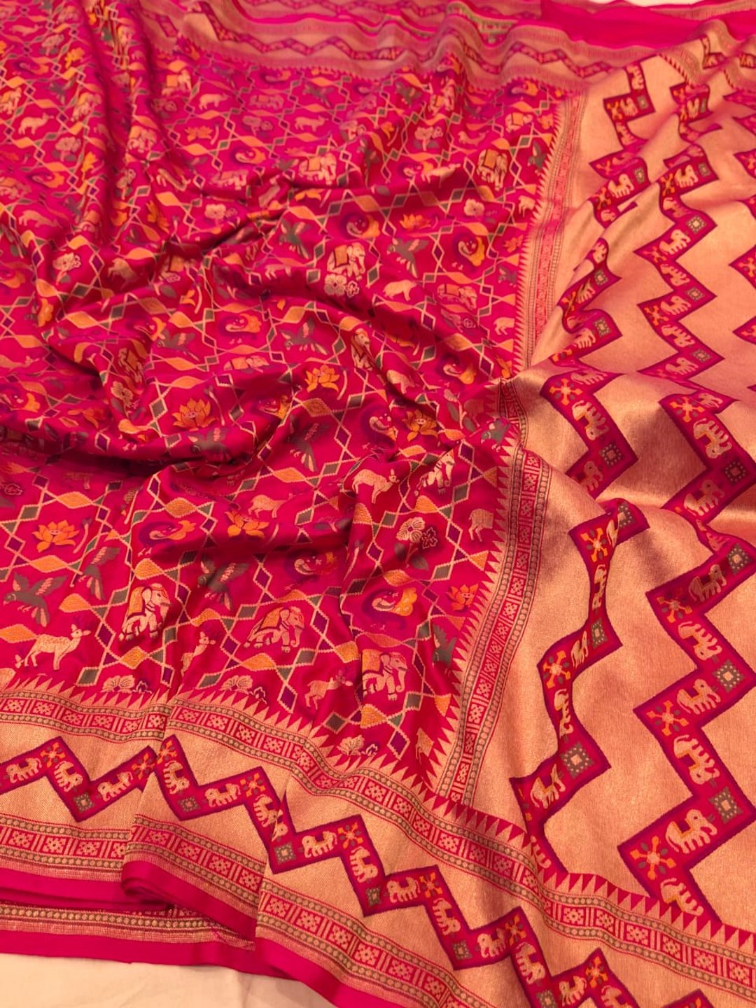 Dark Pink Katan Silk Banarasi saree front drape view