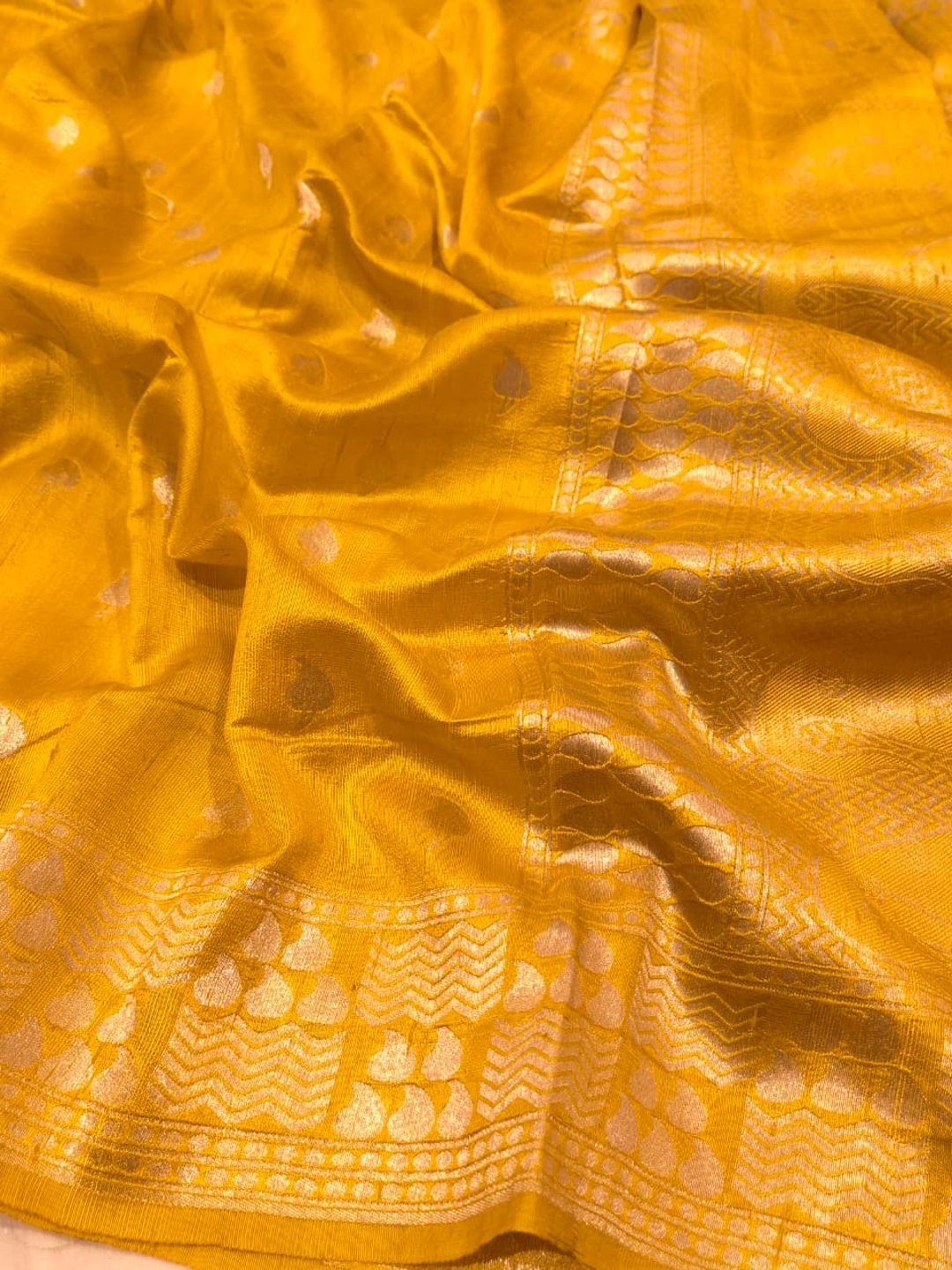 Musturd Yellow Tussar Silk Banarasi saree front drape view