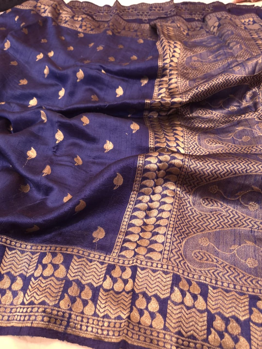 Deep Blue Tussar Silk Banarasi saree front drape view