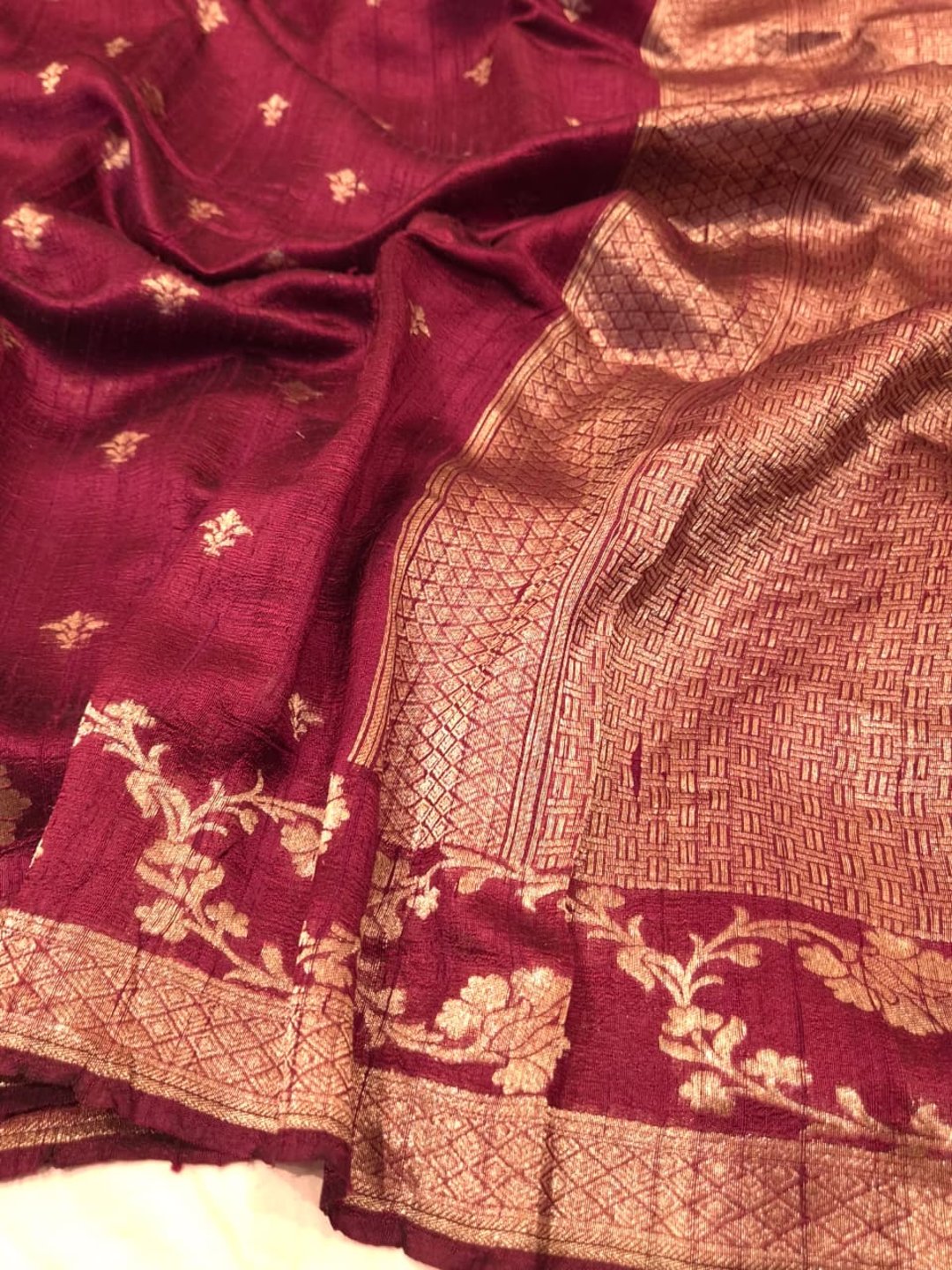 Maroon Tussar Silk Banarasi saree front drape view