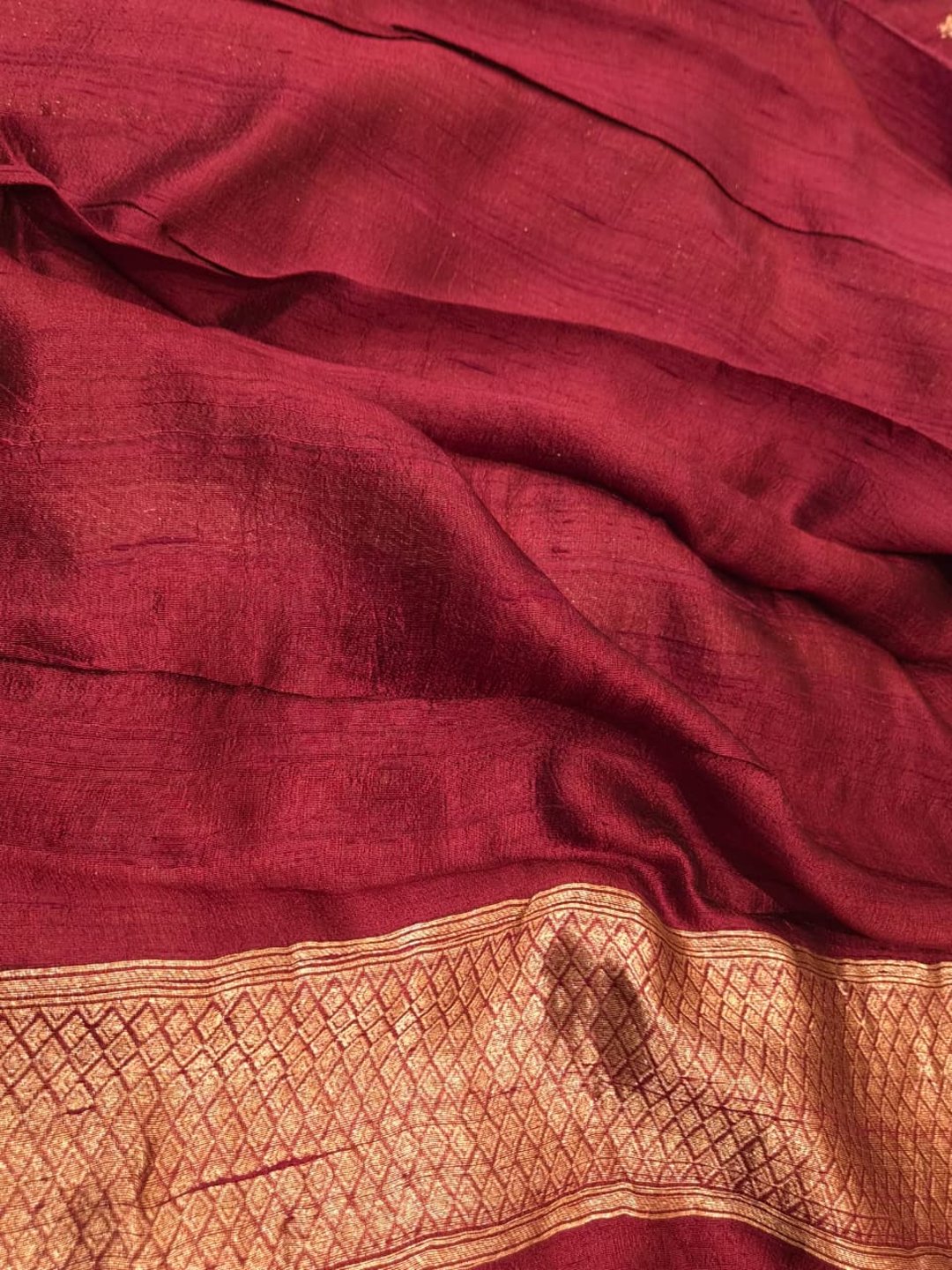 Maroon Tussar Silk Banarasi saree full spread