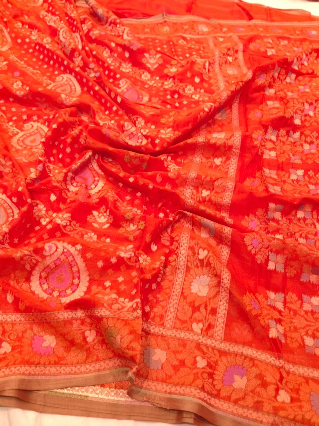 Rust Orange Cotton Banarasi saree front drape view